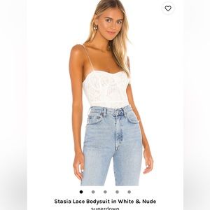 Revolve / Superdown Stasia Lace Bodysuit in White & Nude